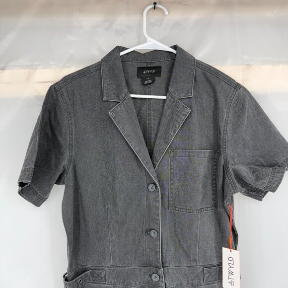 ATWYLD Women L Uniform Jumpsuit Black Denim Short Sleeve Utility Pockets Adjust - Picture 2 of 12